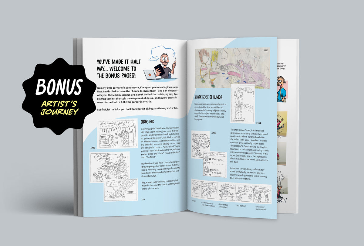A comic book spread from Bestie Volume 1: Friends Without Benefits, featuring bonus pages with the artist's journey.