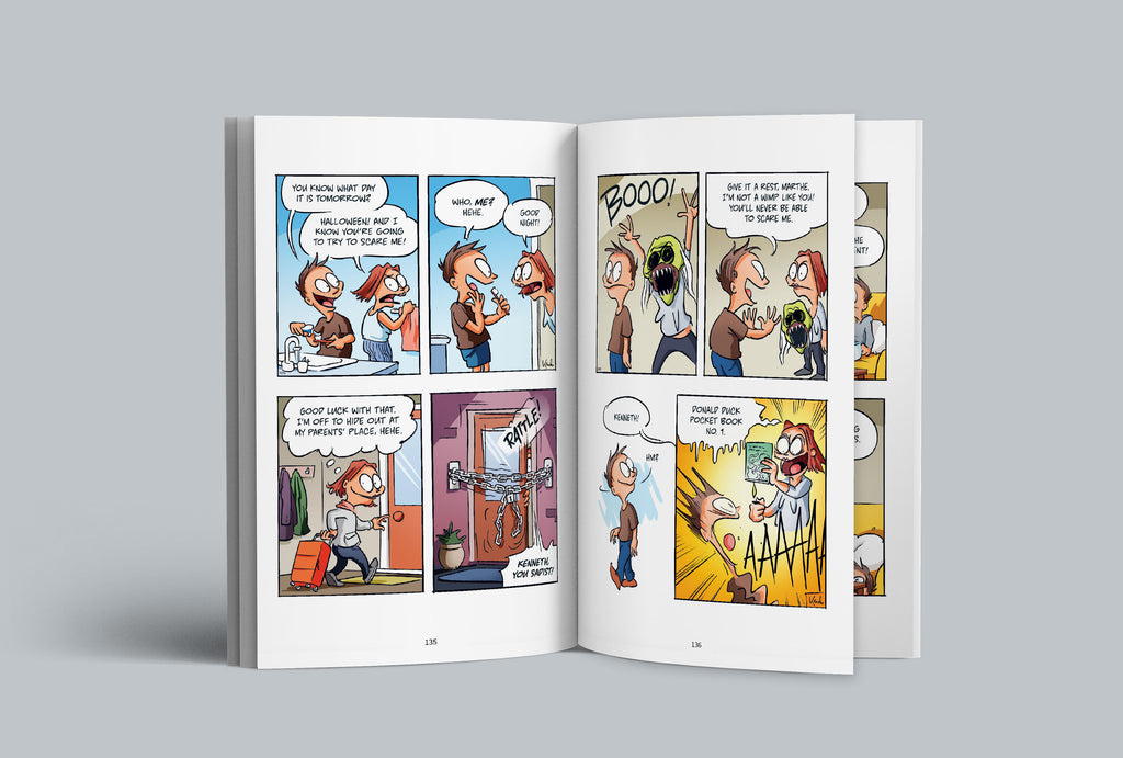 A colorful comic book spread from Bestie Volume 1: Friends Without Benefits, featuring Marthe scaring Kenneth on Halloween