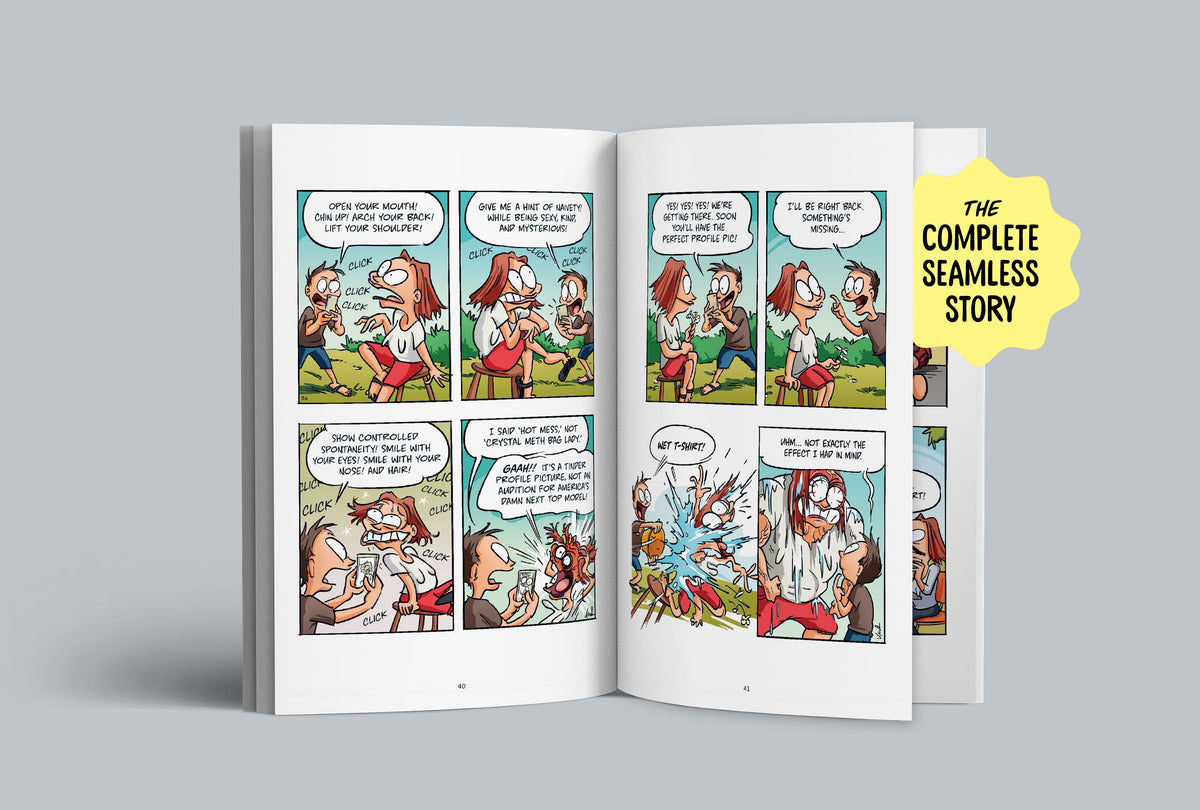 A colorful comic book spread from Bestie Volume 1: Friends Without Benefits, featuring Marthe getting splashed with icy water by Kenneth