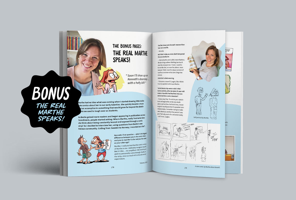 A comic book spread from Bestie Volume 2: Wingman From Hell, featuring bonus pages with a Marthe interview