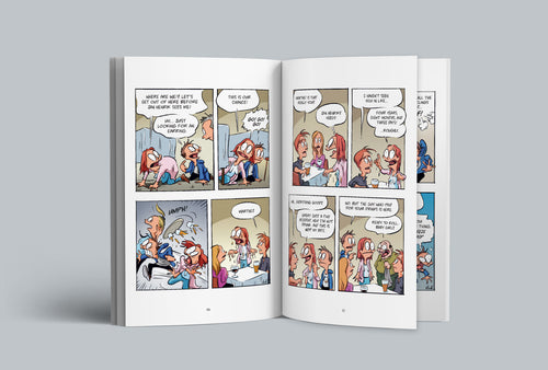 A colorful comic book spread from Bestie Volume 2: Wingman From Hell, featuring Marthe getting embarrassed in front of her crush