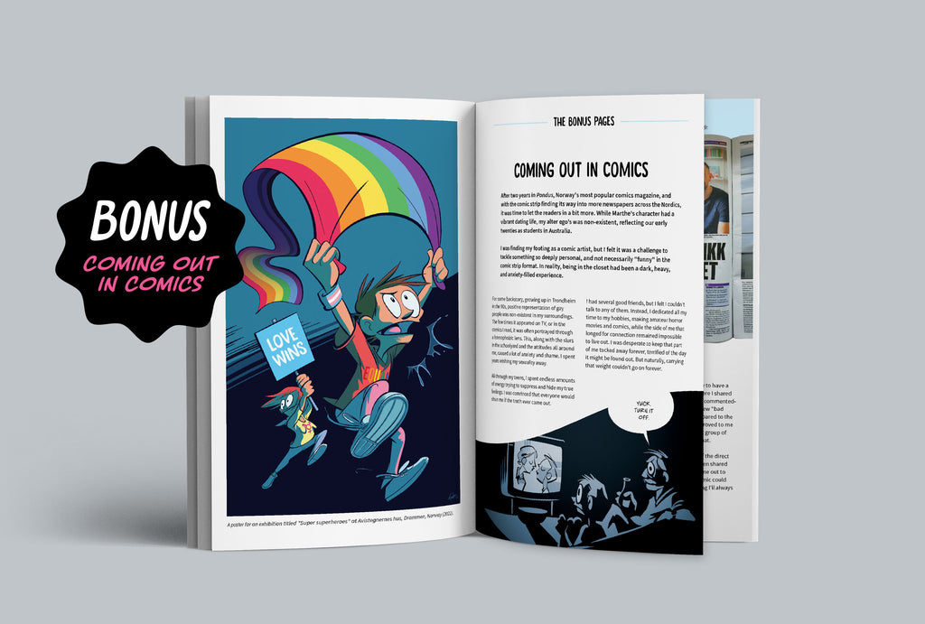 Comic book spread featuring the bonus pages titled Coming Out in Comics from Bestie Volume 3.