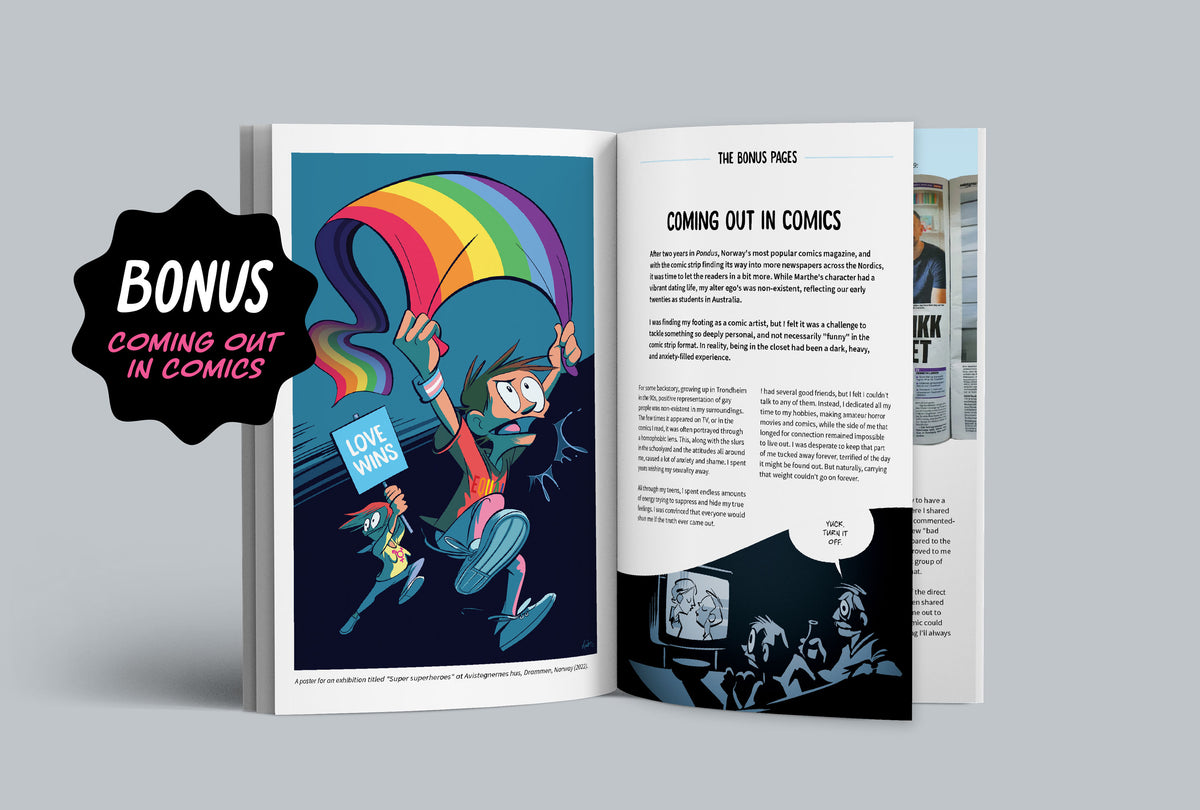 Comic book spread featuring the bonus pages titled Coming Out in Comics from Bestie Volume 3.