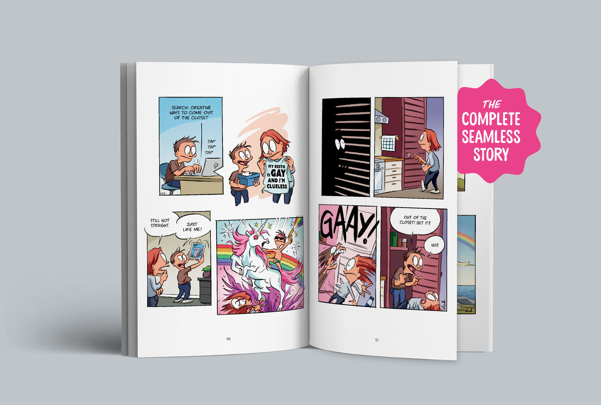 A colorful comic book spread from Bestie Volume 3: Out With a Bang, featuring Kenneth coming out of the closet.