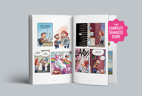 A colorful comic book spread from Bestie Volume 3: Out With a Bang, featuring Kenneth coming out of the closet.